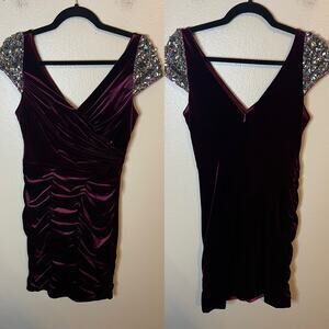 Hailey Adrianna Papell Purple Velvet Ruched Beaded Cap Sleeve Dress Size 6